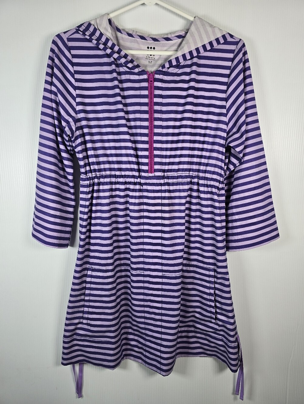 NWOT Title Nine Purple&Lavender Striped Hooded Dress Quarter Zip Swim Cover Up M